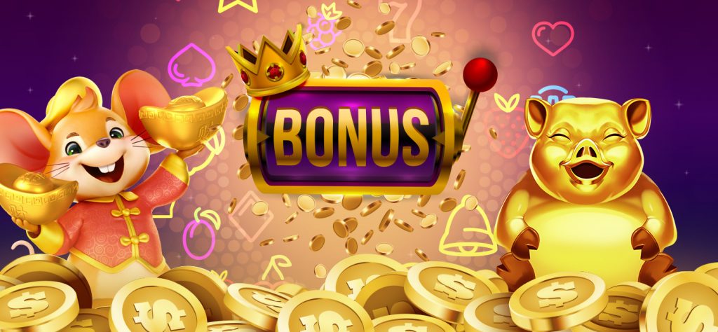 Image with the word bonus in the center, gold coins at the bottom and slot characters in the background