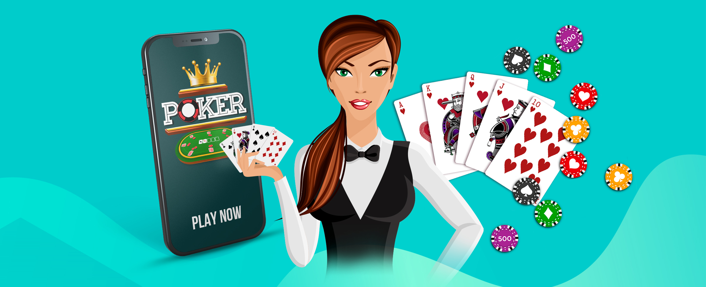 Poker dealer appears in the center holding cards from different videos. On the left is a cell phone with a SlotsLV poker game and on the right more cards and casino chips.