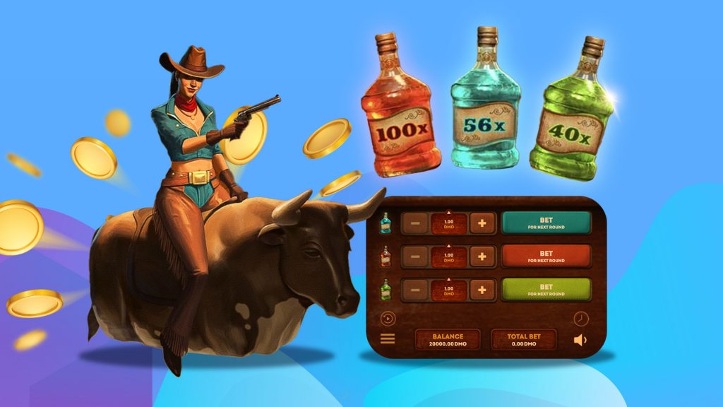 There are three bottles of moonshine to the right of a cowgirl riding a mechanical bull, and it's displayed on a blue and purple background.