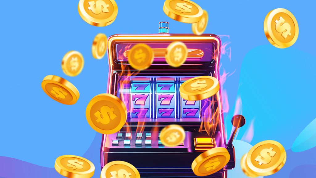 Gold coins float around a one-armed bandit slot machine showing sevens with flames flickering off the machine, and it’s displayed over a light blue background.