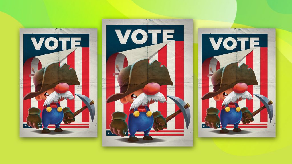 Three campaign-style posters featuring a cartoon miner with a pickaxe, set against a red and white striped backdrop with bold VOTE text.